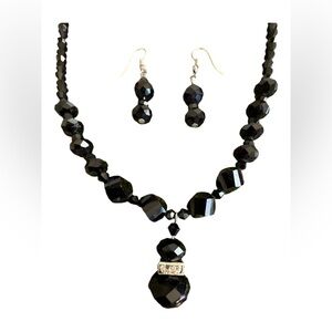Vintage Black Beaded Necklace and Earrings